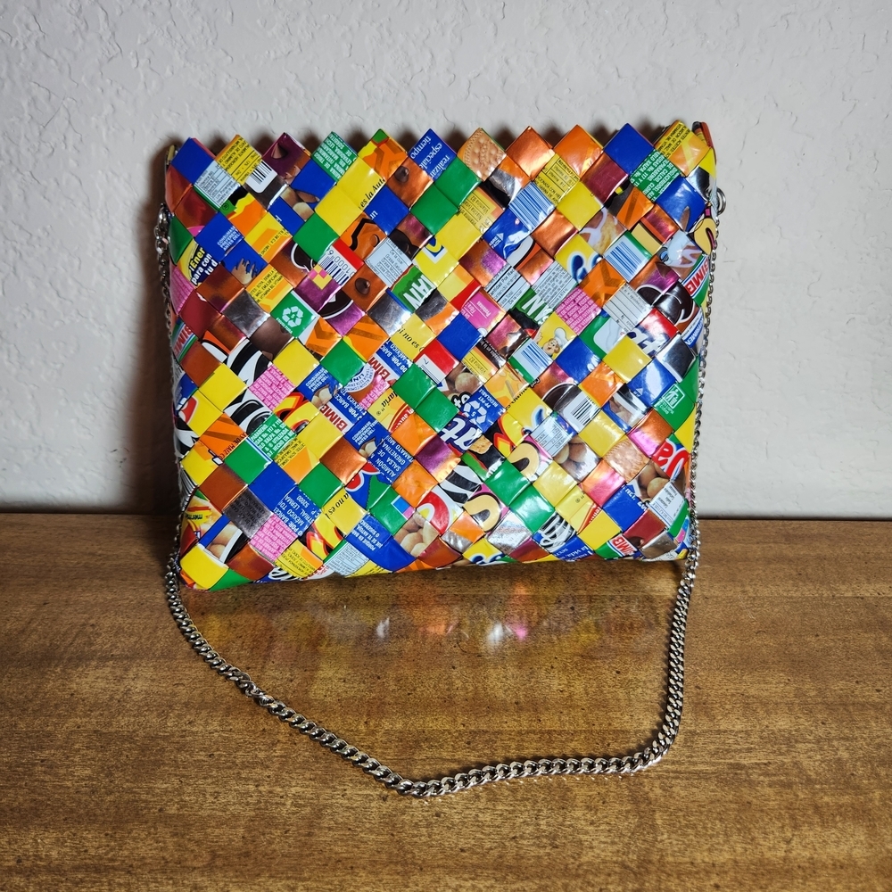 Candy Wrapper Woven Multicolor Shoulder Bag with Chain 8x9